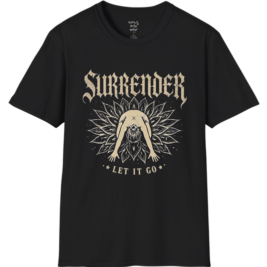 Surrender T-Shirt with child's pose figure in lotus burst design — Wild Devotion collection by Ramro Yoga Wear in Black