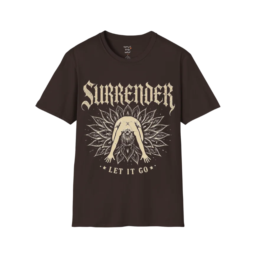 Surrender T-Shirt in Dark Chocolate featuring intricate yoga-inspired artwork and soft neutral tones for mindful everyday fashion.