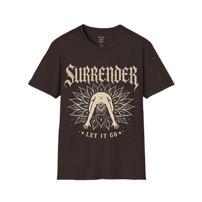 Surrender T-Shirt in Dark Chocolate featuring intricate yoga-inspired artwork and soft neutral tones for mindful everyday fashion.