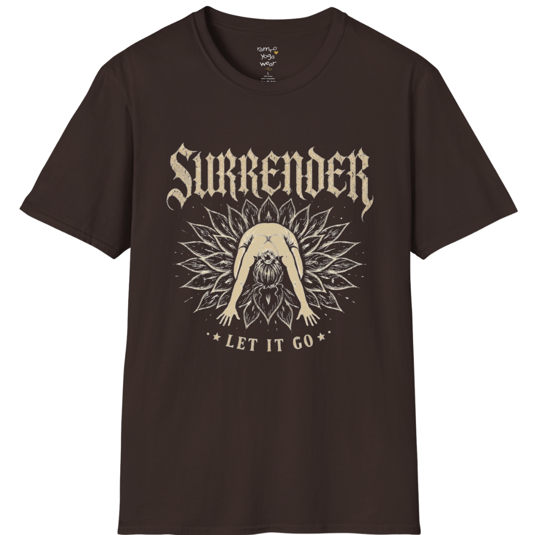 Surrender T-Shirt with child's pose figure in lotus burst design — Wild Devotion collection by Ramro Yoga Wear in Dark Chocolate