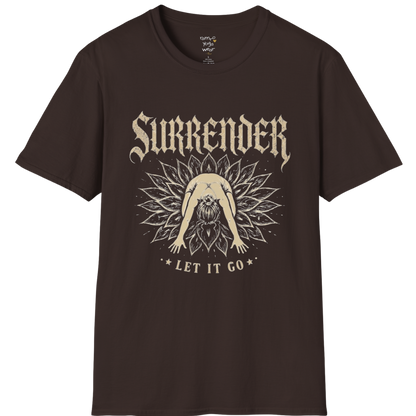 Surrender T-Shirt with child's pose figure in lotus burst design — Wild Devotion collection by Ramro Yoga Wear in Dark Chocolate