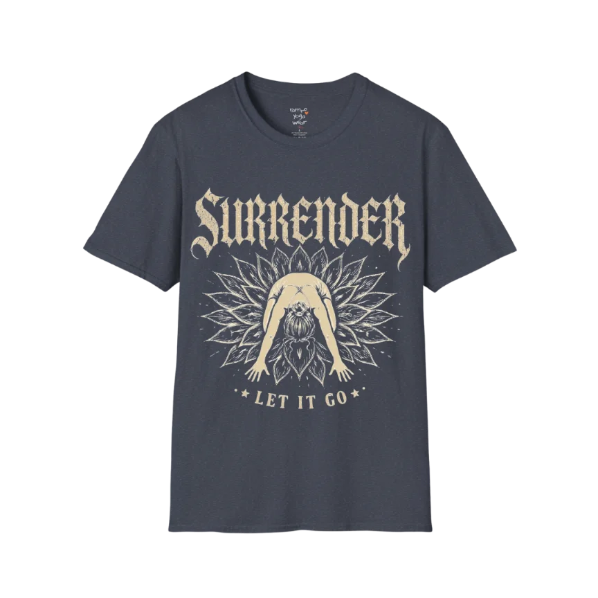 Surrender T-Shirt in Heather Navy with mystical yoga graphic and vintage cream print inspired by surrender and stillness.