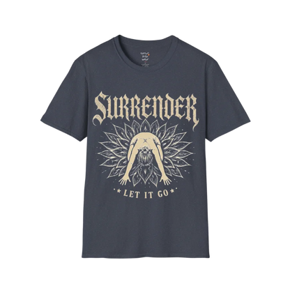 Surrender T-Shirt in Heather Navy with mystical yoga graphic and vintage cream print inspired by surrender and stillness.