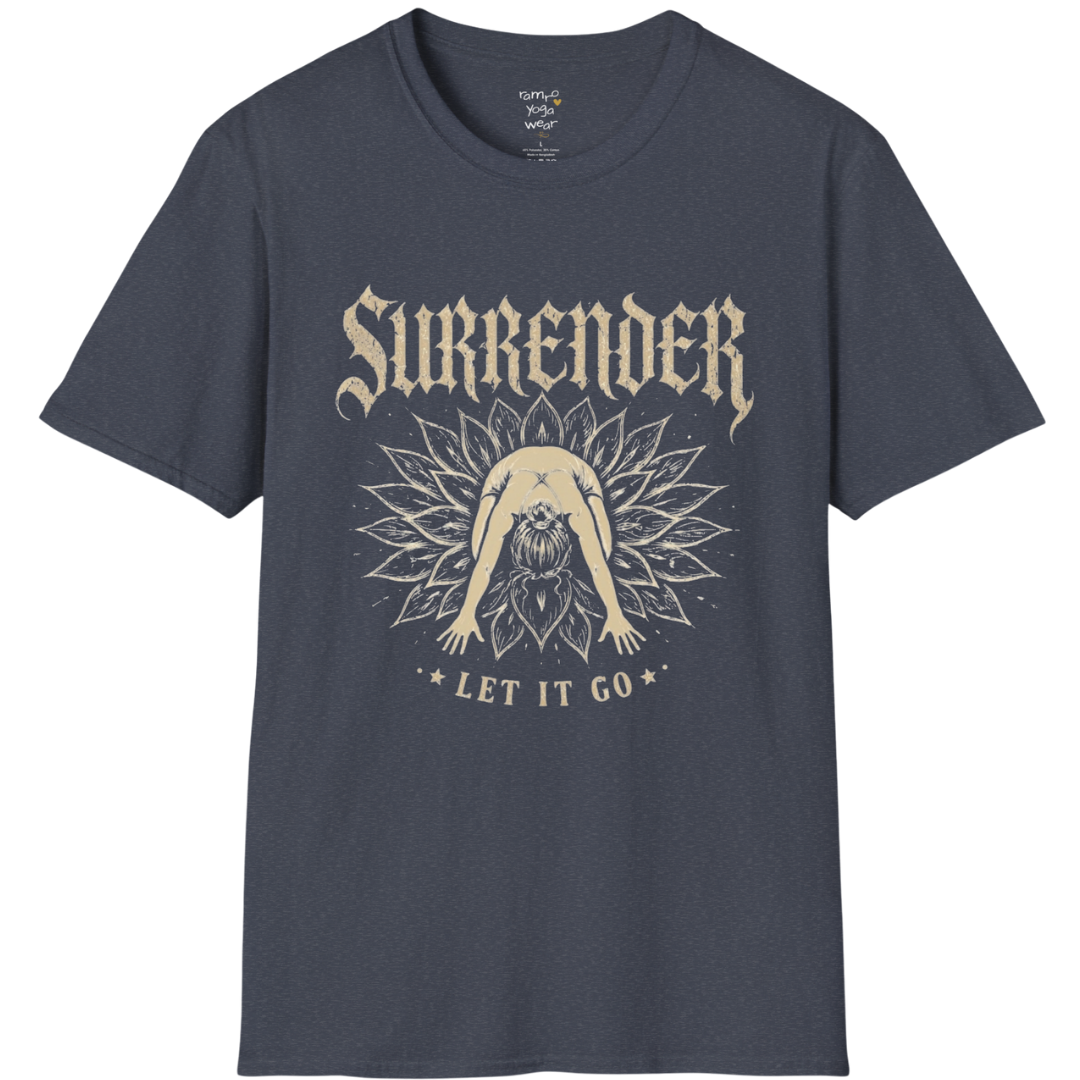 Surrender T-Shirt with child's pose figure in lotus burst design — Wild Devotion collection by Ramro Yoga Wear in Heather Navy