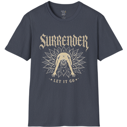 Surrender T-Shirt with child's pose figure in lotus burst design — Wild Devotion collection by Ramro Yoga Wear in Heather Navy
