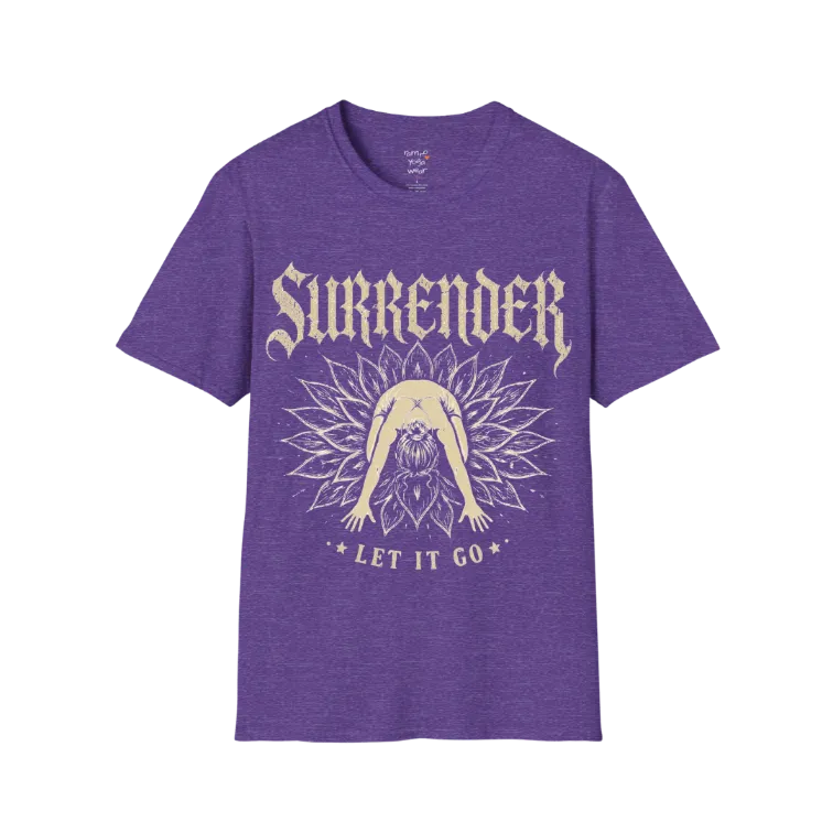 Surrender T-Shirt in Heather Purple featuring soulful yoga-inspired artwork with gothic lettering and relaxed feminine energy.