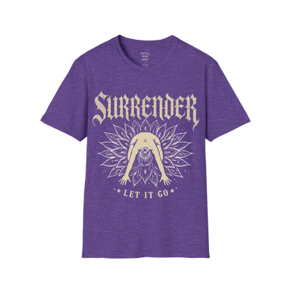 Surrender T-Shirt in Heather Purple featuring soulful yoga-inspired artwork with gothic lettering and relaxed feminine energy.