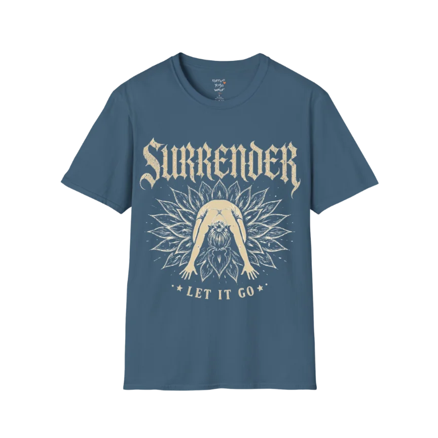 Surrender T-Shirt in Indigo Blue with vintage yoga graphic and calming spiritual aesthetic for mindful modern living.