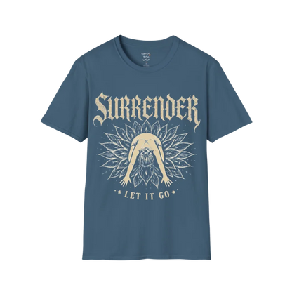 Surrender T-Shirt in Indigo Blue with vintage yoga graphic and calming spiritual aesthetic for mindful modern living.