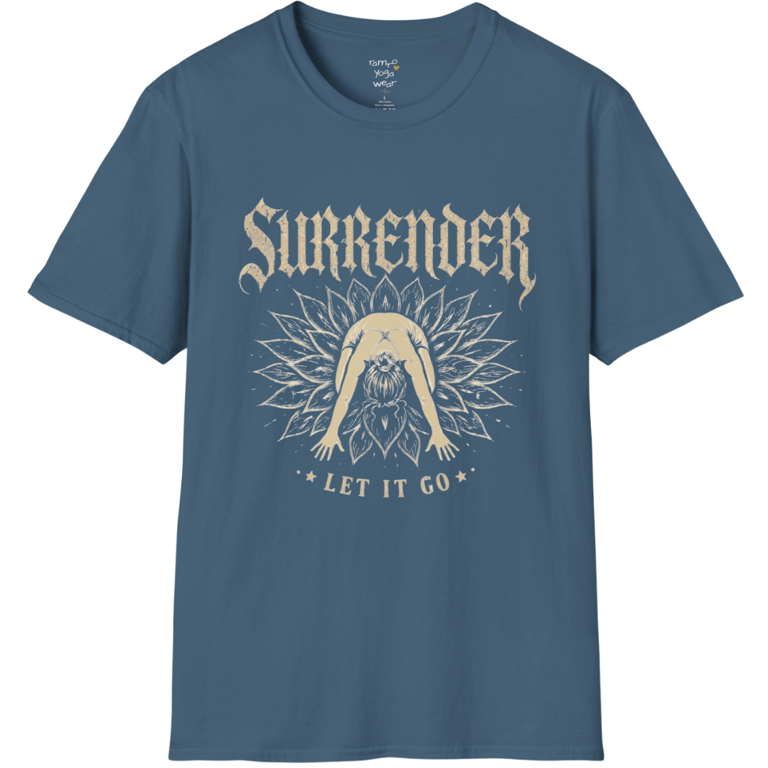 Surrender T-Shirt with child's pose figure in lotus burst design — Wild Devotion collection by Ramro Yoga Wear in Indigo blu