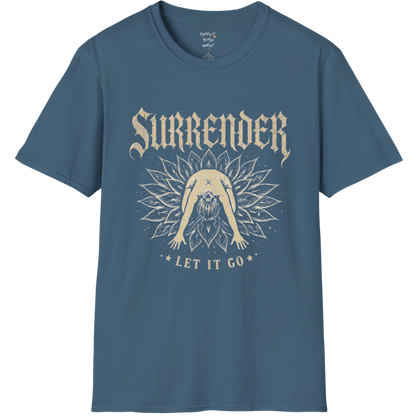 Surrender T-Shirt with child's pose figure in lotus burst design — Wild Devotion collection by Ramro Yoga Wear in Indigo blu