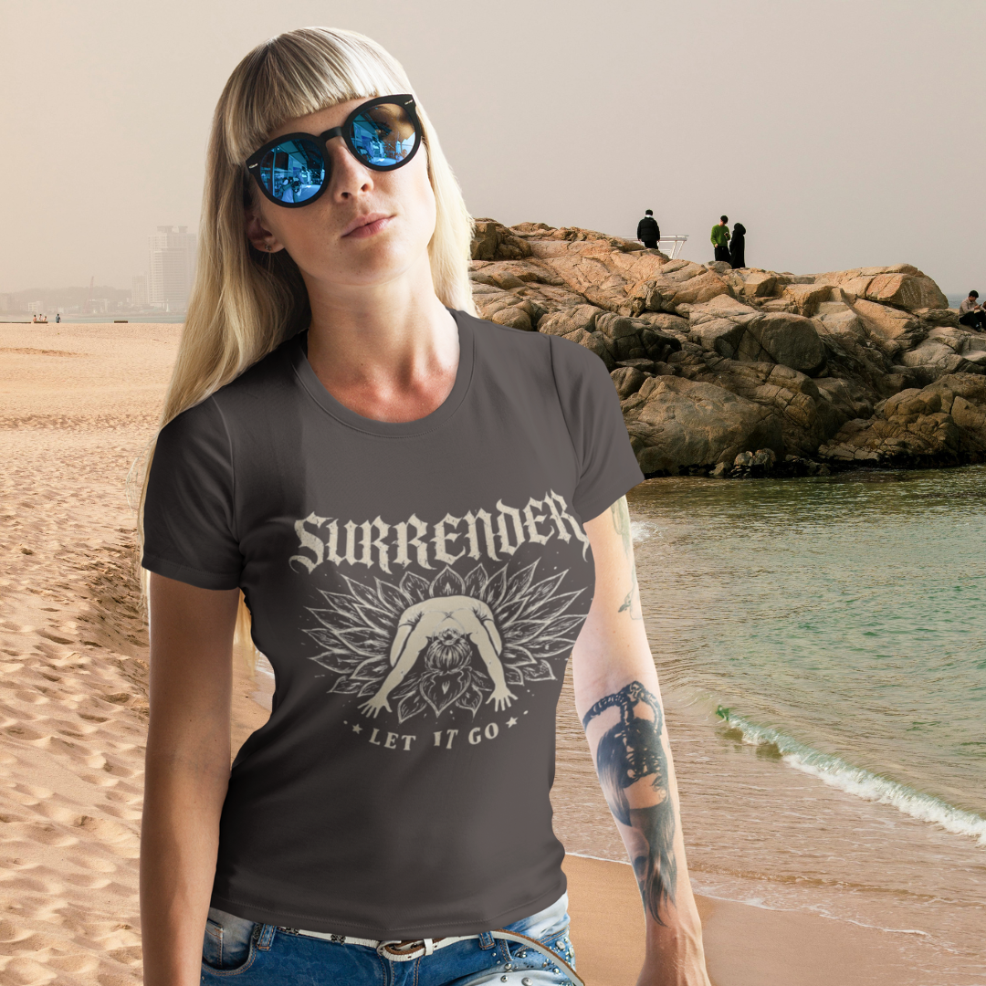 Surrender T-Shirt dark chocolate poster tee at the beach — Wild Devotion collection by Ramro Yoga Wear