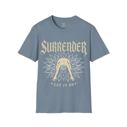 Surrender T-Shirt in Stone Blue with vintage spiritual artwork and relaxed yoga-inspired streetwear styling.