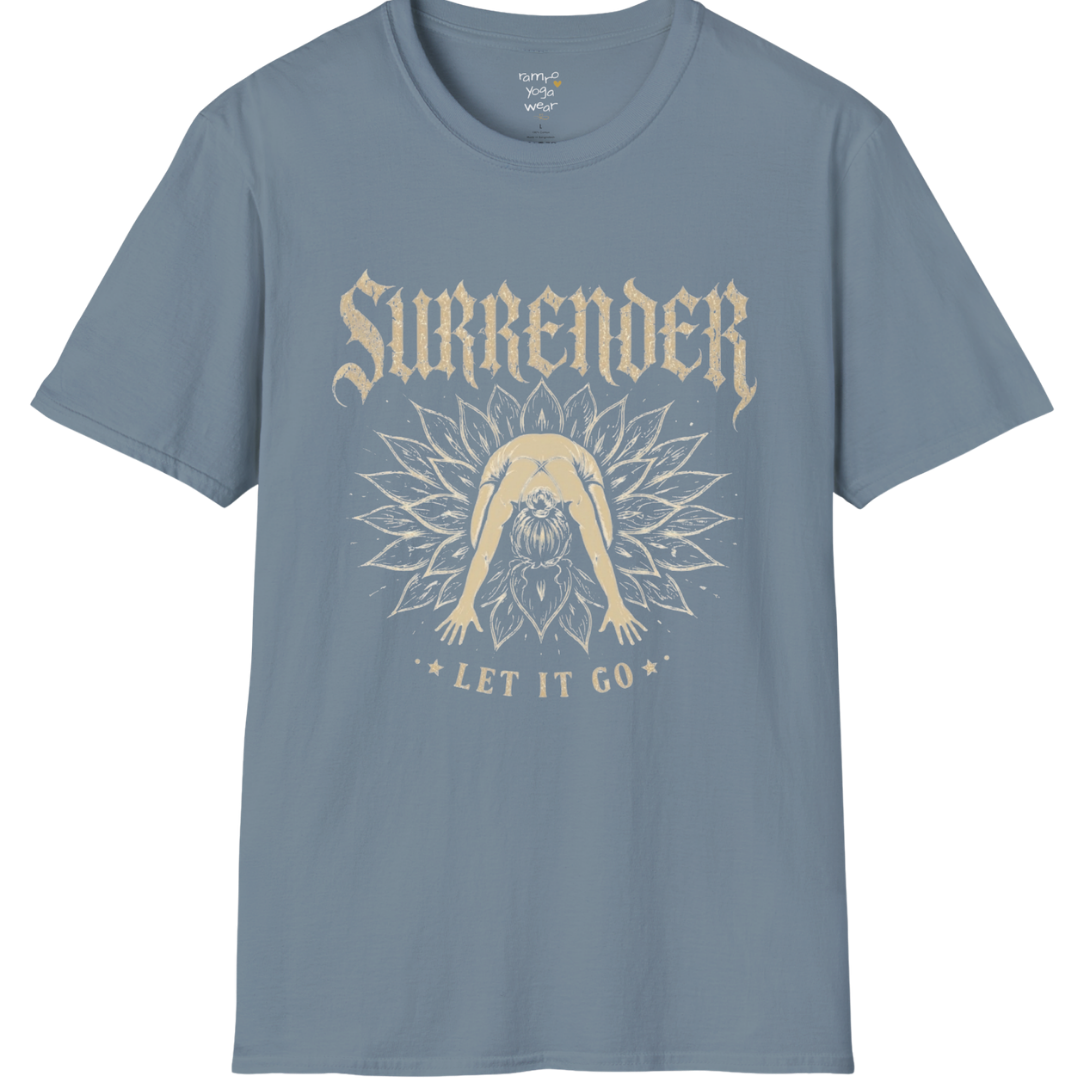 Surrender T-Shirt with child's pose figure in lotus burst design — Wild Devotion collection by Ramro Yoga Wear in Stone Blue