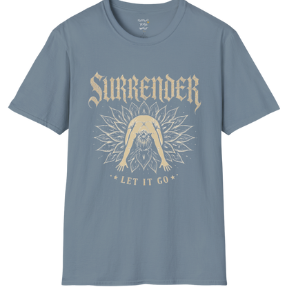 Surrender T-Shirt with child's pose figure in lotus burst design — Wild Devotion collection by Ramro Yoga Wear in Stone Blue
