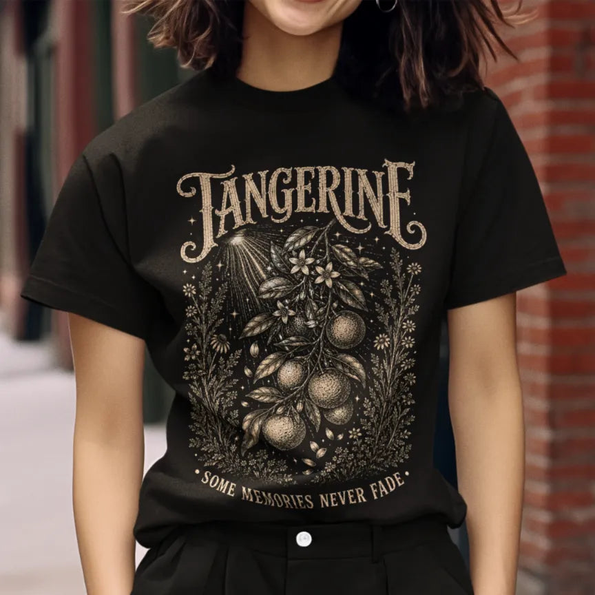 Person wearing Tangerine tee in black. A sacred yoga shirt on a city street with a brick wall backdrop — Sacred Thread collection by Ramro Yoga Wear