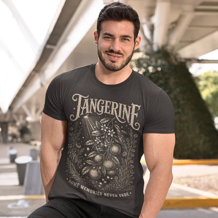Person wearing Tangerine tee in Dark Chocolate. A sacred yoga shirt outdoors under a covered porch — Sacred Thread collection by Ramro Yoga Wear