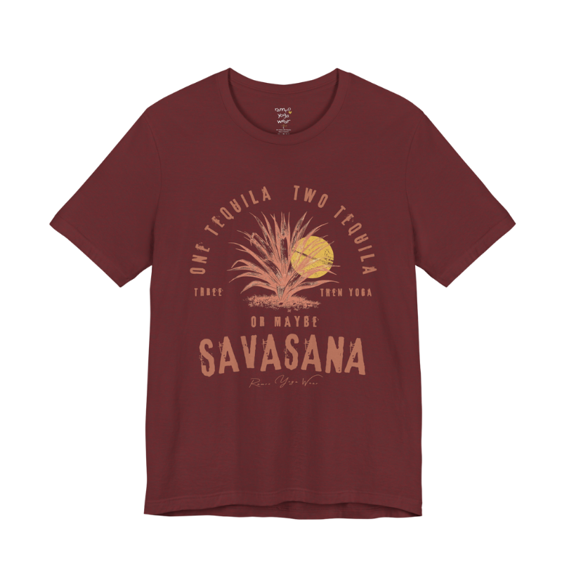 Tequila funny yoga shirt in Heather Cardinal — Bella+Canvas 3001 graphic tee by Ramro Yoga Wear
