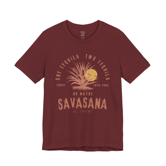 Tequila funny yoga shirt in Heather Cardinal — Bella+Canvas 3001 graphic tee by Ramro Yoga Wear