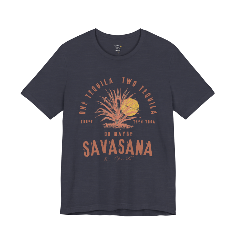 Tequila funny yoga shirt in Heather Military Navy — Bella+Canvas 3001 graphic tee by Ramro Yoga Wear
