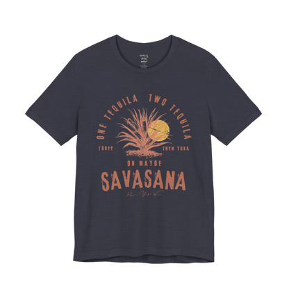 Tequila funny yoga shirt in Heather Military Navy — Bella+Canvas 3001 graphic tee by Ramro Yoga Wear