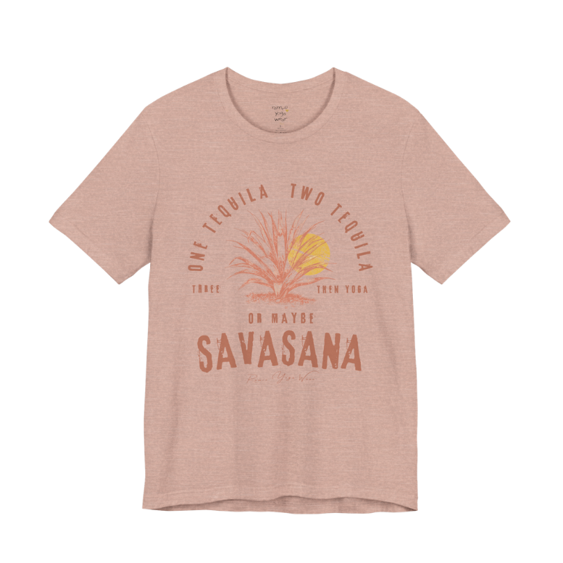 Tequila funny yoga shirt in Heather Prism Peach — Bella+Canvas 3001 graphic tee by Ramro Yoga Wear