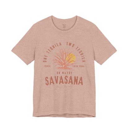 Tequila funny yoga shirt in Heather Prism Peach — Bella+Canvas 3001 graphic tee by Ramro Yoga Wear