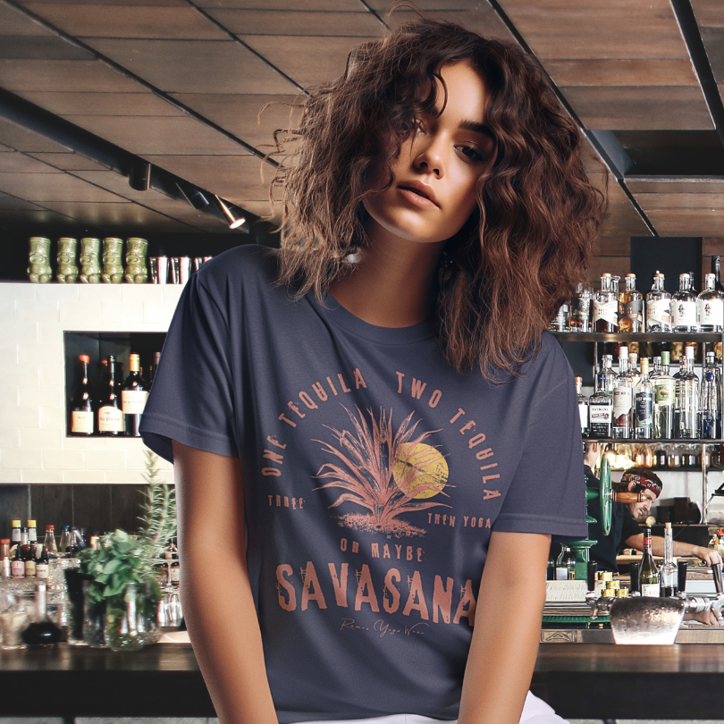 Tequila funny yoga shirt in Heather Midnight Navy — one tequila two tequila savasana graphic tee by Ramro Yoga Wear
