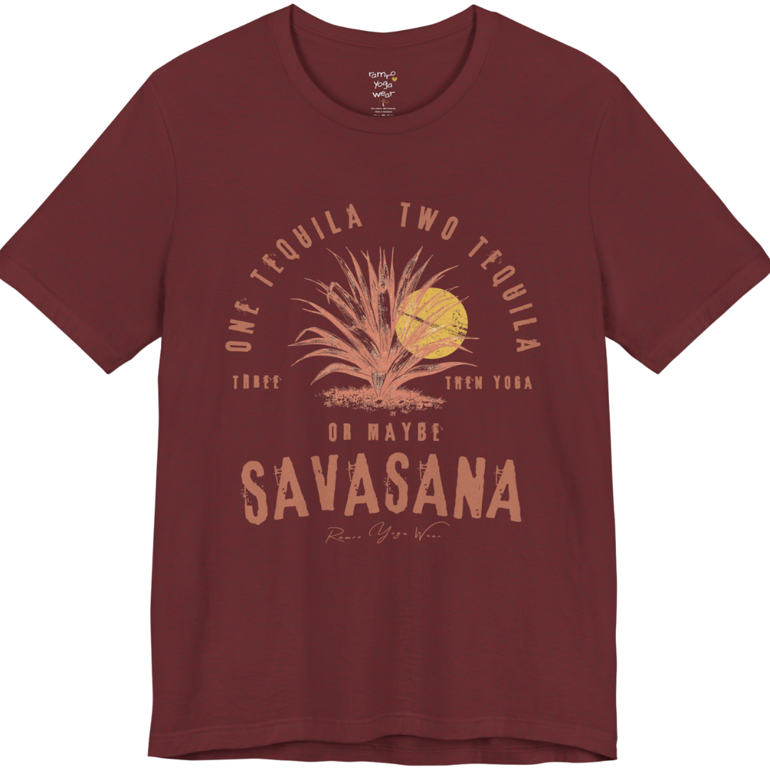 Tequila funny yoga shirt in Heather Cardinal — Bella+Canvas 3001 graphic tee by Ramro Yoga Wear