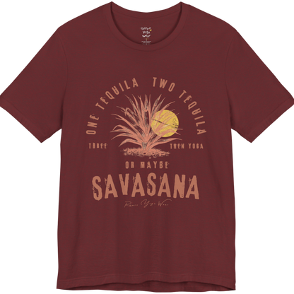 Tequila funny yoga shirt in Heather Cardinal — Bella+Canvas 3001 graphic tee by Ramro Yoga Wear