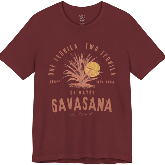 Tequila funny yoga shirt in Heather Cardinal — Bella+Canvas 3001 graphic tee by Ramro Yoga Wear