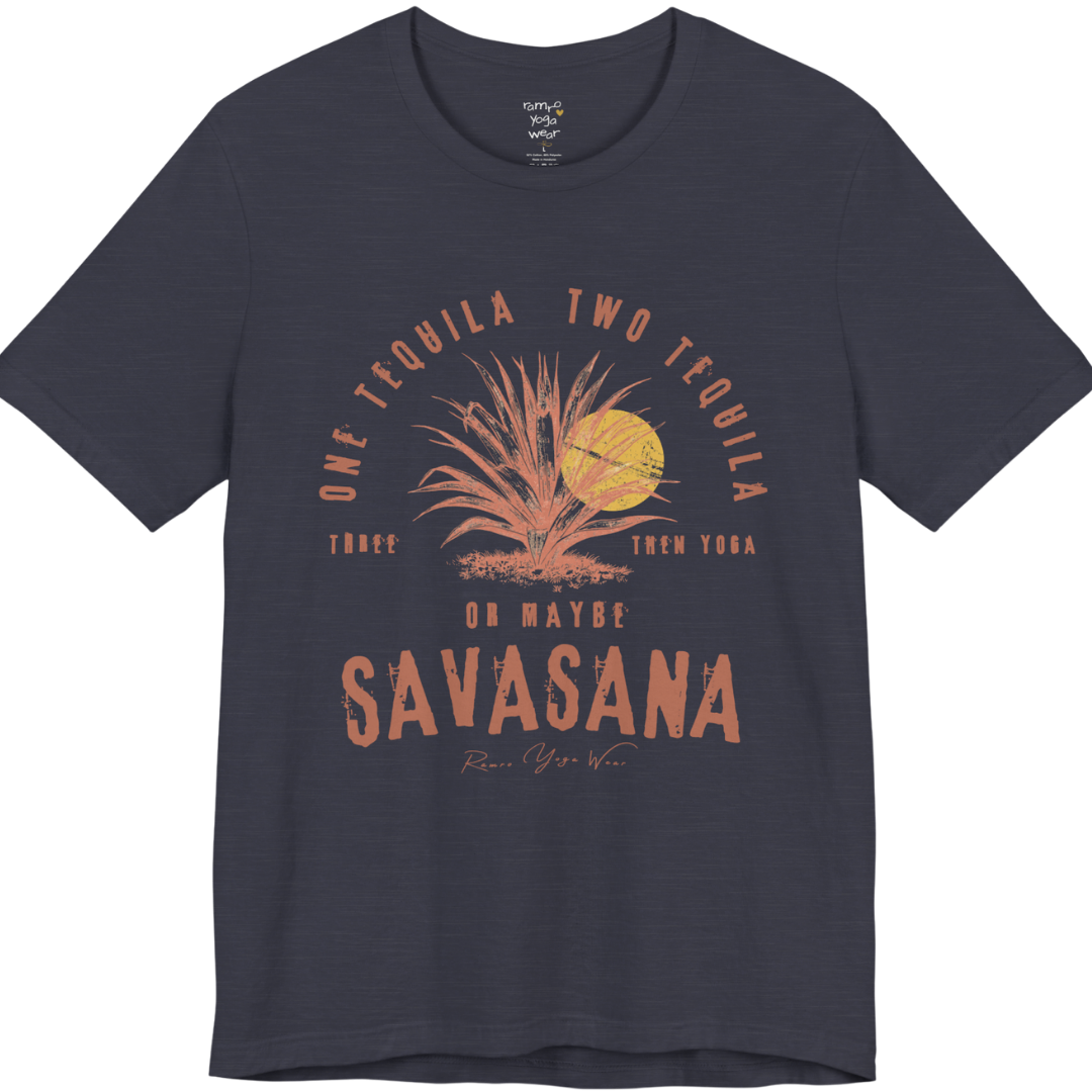Tequila funny yoga shirt in Heather Military Navy — Bella+Canvas 3001 graphic tee by Ramro Yoga Wear