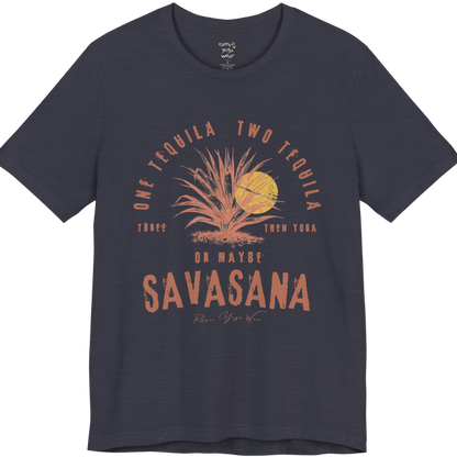 Tequila funny yoga shirt in Heather Military Navy — Bella+Canvas 3001 graphic tee by Ramro Yoga Wear
