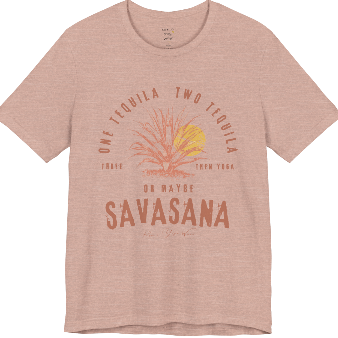 Tequila funny yoga shirt in Heather Prism Peach — Bella+Canvas 3001 graphic tee by Ramro Yoga Wear