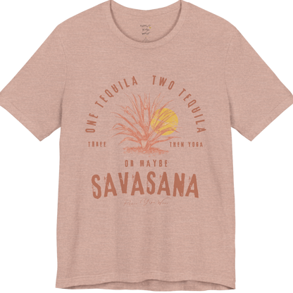 Tequila funny yoga shirt in Heather Prism Peach — Bella+Canvas 3001 graphic tee by Ramro Yoga Wear