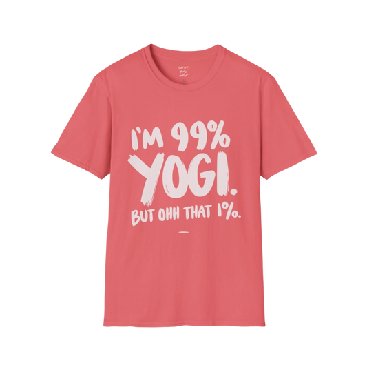 Coral Silk That 1 T-Shirt with bold retro yoga lettering and humorous yogi slogan. Soft unisex yoga tee designed for casual comfort and mindful style.