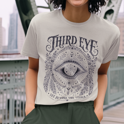 Woman wearing Third Eye sand sacred yoga shirt on an urban bridge in the city — Sacred Thread collection by Ramro Yoga Wear