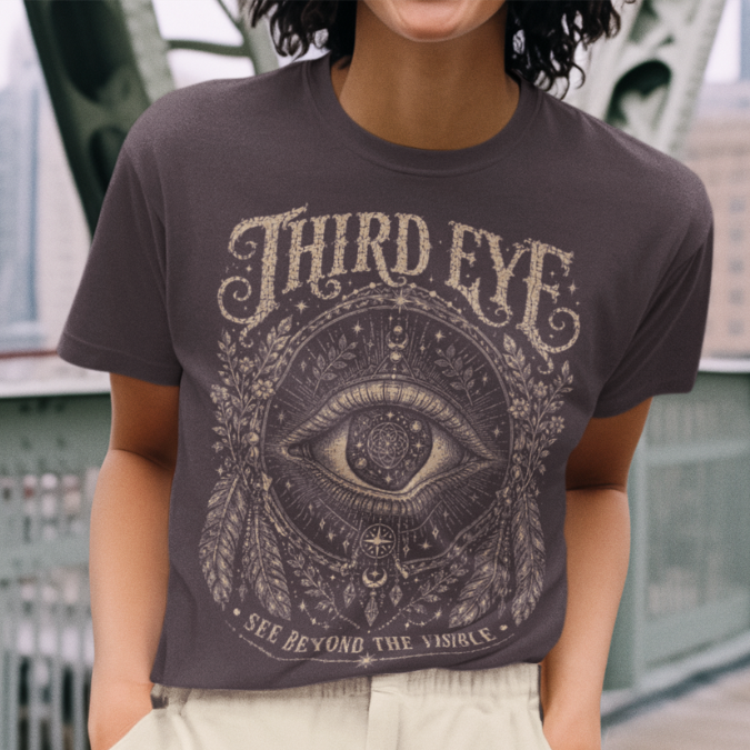 Woman wearing Third Eye Dark Chocolate sacred yoga shirt on an urban bridge in the city — Sacred Thread collection by Ramro Yoga Wear