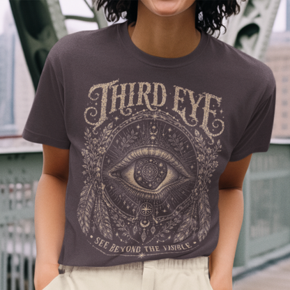 Woman wearing Third Eye Dark Chocolate sacred yoga shirt on an urban bridge in the city — Sacred Thread collection by Ramro Yoga Wear