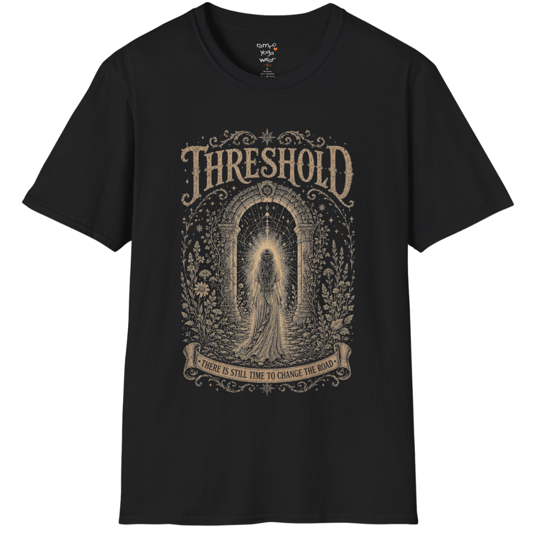 Woman standing before a sacred stone archway with botanical engraving design — Dark Sacred Stillness collection by Ramro Yoga Wear — Black