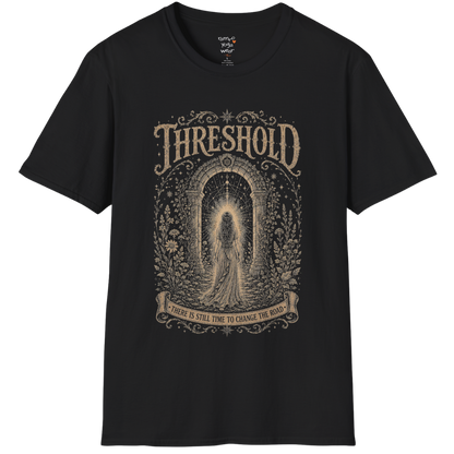 Woman standing before a sacred stone archway with botanical engraving design — Dark Sacred Stillness collection by Ramro Yoga Wear — Black