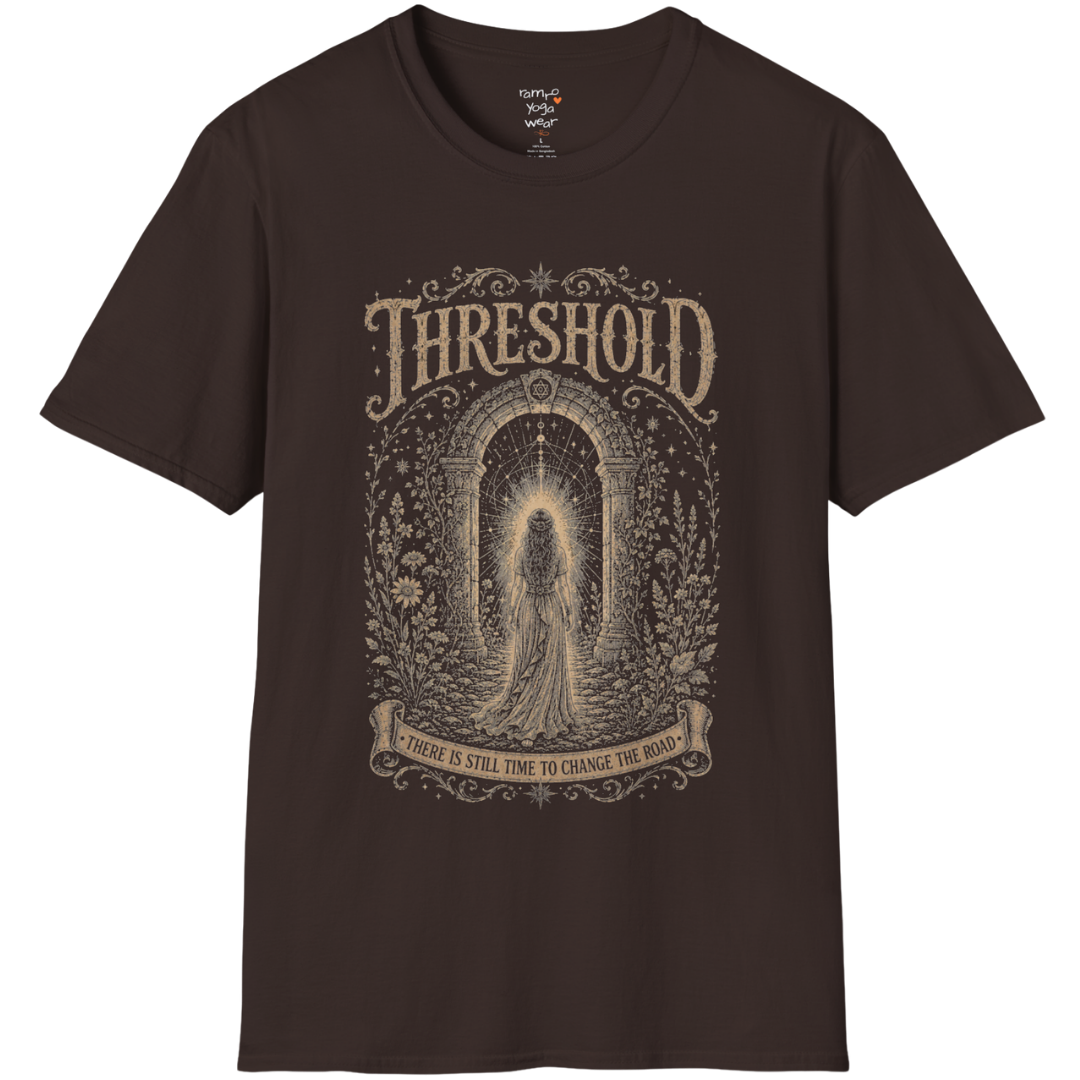 Woman standing before a sacred stone archway with botanical engraving design — Dark Sacred Stillness collection by Ramro Yoga Wear — Dark Chocolate