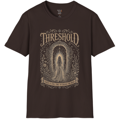 Woman standing before a sacred stone archway with botanical engraving design — Dark Sacred Stillness collection by Ramro Yoga Wear — Dark Chocolate