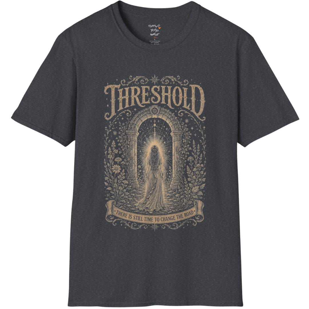 Woman standing before a sacred stone archway with botanical engraving design — Dark Sacred Stillness collection by Ramro Yoga Wear — Dark Heather Grey