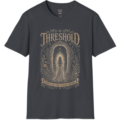 Woman standing before a sacred stone archway with botanical engraving design — Dark Sacred Stillness collection by Ramro Yoga Wear — Dark Heather Grey
