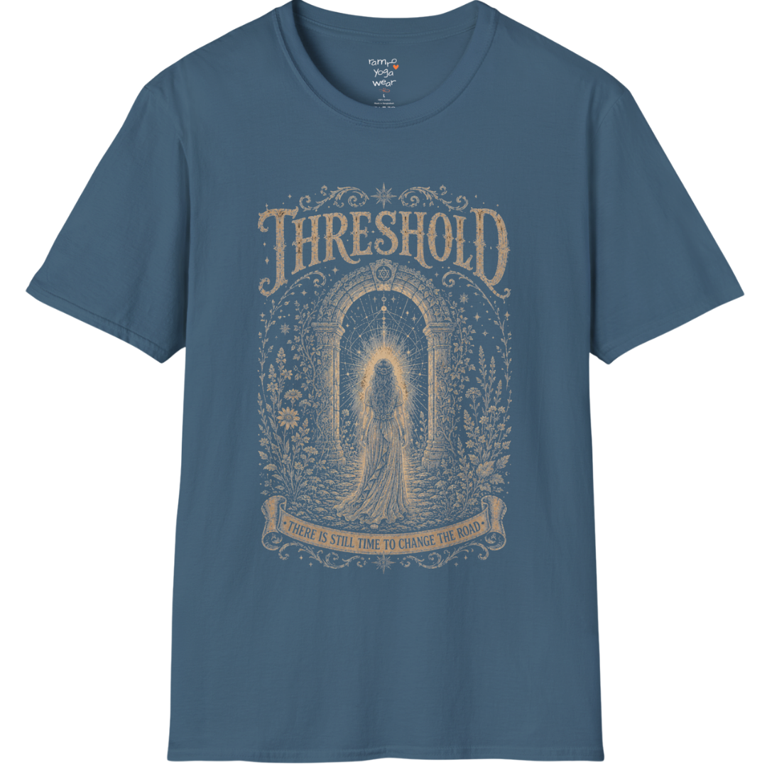 Woman standing before a sacred stone archway with botanical engraving design — Dark Sacred Stillness collection by Ramro Yoga Wear — Indigo Blue