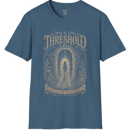 Woman standing before a sacred stone archway with botanical engraving design — Dark Sacred Stillness collection by Ramro Yoga Wear — Indigo Blue