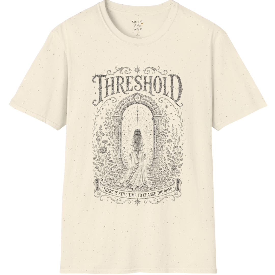 Woman standing before a sacred stone archway with botanical engraving design — Dark Sacred Stillness collection by Ramro Yoga Wear — Natural