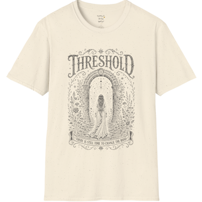 Woman standing before a sacred stone archway with botanical engraving design — Dark Sacred Stillness collection by Ramro Yoga Wear — Natural