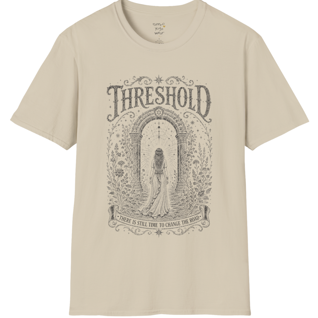 Woman standing before a sacred stone archway with botanical engraving design — Dark Sacred Stillness collection by Ramro Yoga Wear — Sand